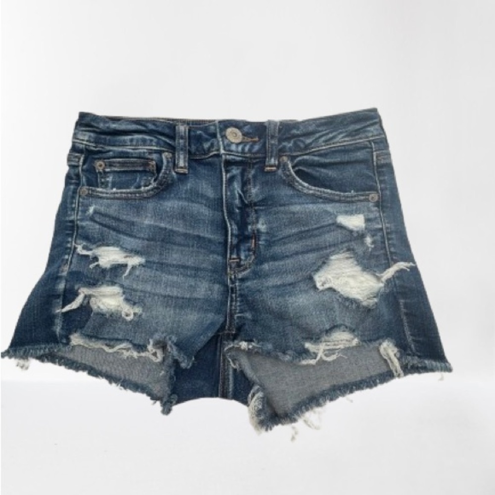 American Eagle Outfitters Distressed Hi Rise Dark Blue Jean Shorts Size 4